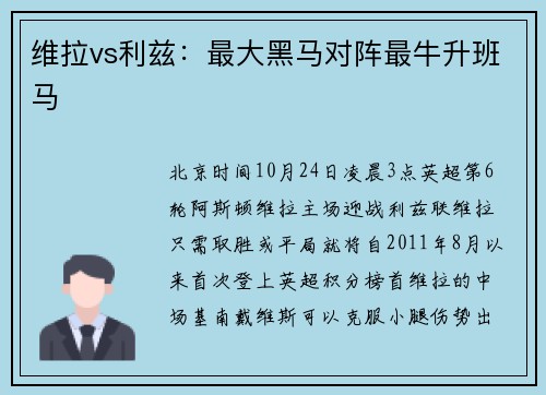 维拉vs利兹：最大黑马对阵最牛升班马