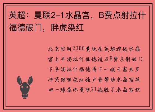 英超：曼联2-1水晶宫，B费点射拉什福德破门，胖虎染红