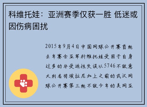 科维托娃：亚洲赛季仅获一胜 低迷或因伤病困扰